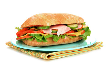 Fresh and tasty sandwich with ham and vegetables isolated