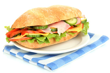 Fresh and tasty sandwich with ham and vegetables isolated