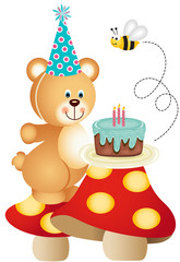 Teddy bear and birthday cake on mushrooms