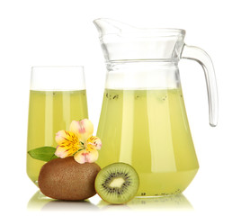 Full glass and jug of kiwi juice and kiwi isolated on white