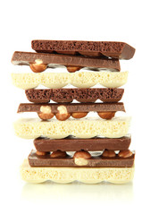 Dark, white chocolate  and chocolate with nuts, isolated