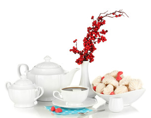 Beautiful white dinner service with an air meringues isolated