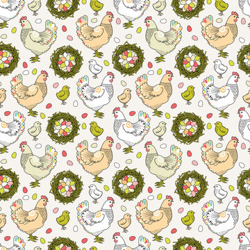 Fototapeta Easter seamless pattern with hen and nest