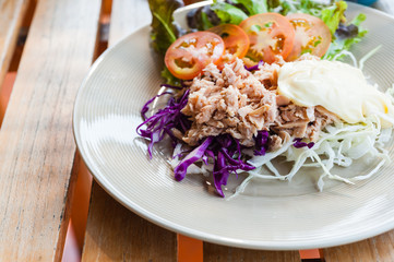 tuna salad on wood table