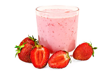 Milkshake with whole strawberries and cut