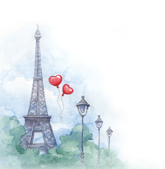 Watercolor background with illustration of eiffel tower
