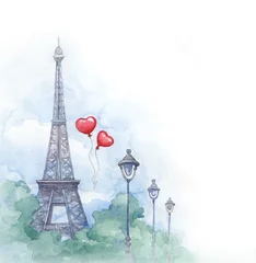 Poster Im Rahmen Aquarellhintergrund mit Illustration des Eiffelturms © Aleksandra Smirnova