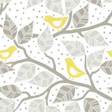 żółte ptaki brązowe liście na gałęziach nieskończony deseń