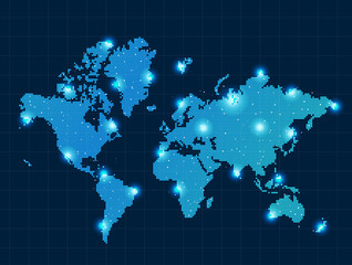 Fototapeta na wymiar pixel map świata z oświetlenie punktowe