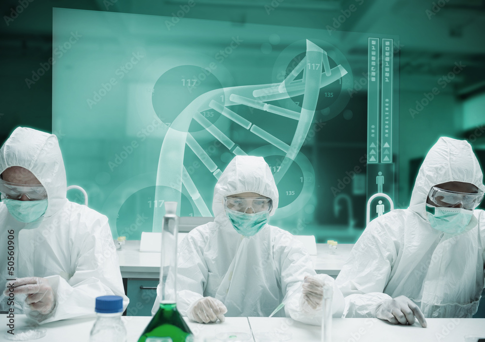 Poster Scientists working in protective suite with futuristic interface