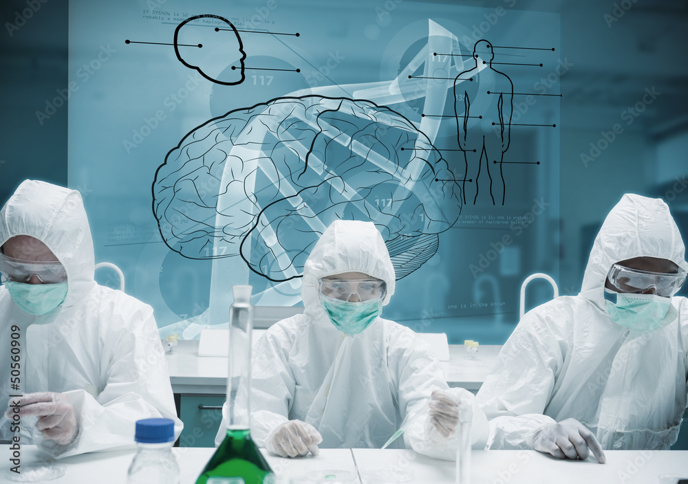 Poster chemists working in protective suit with futuristic interface sh