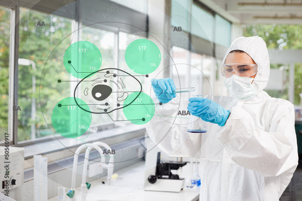 Aufkleber scientist in protective suit working with green cell diagram int