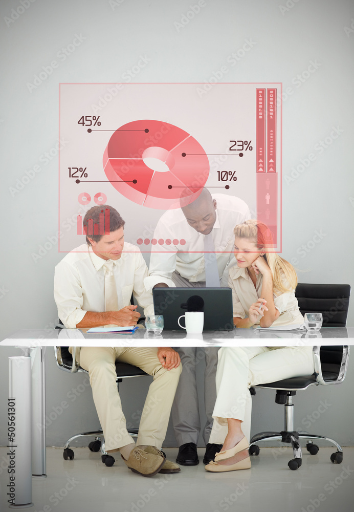 Poster three business people using red pie chart interface