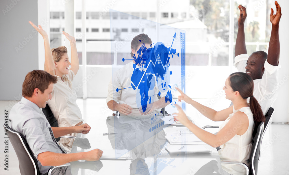 Poster cheerful business workers using blue map diagram interface