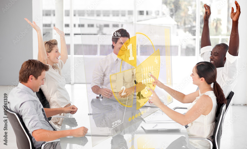 Poster cheerful business workers using yellow pie chart interface