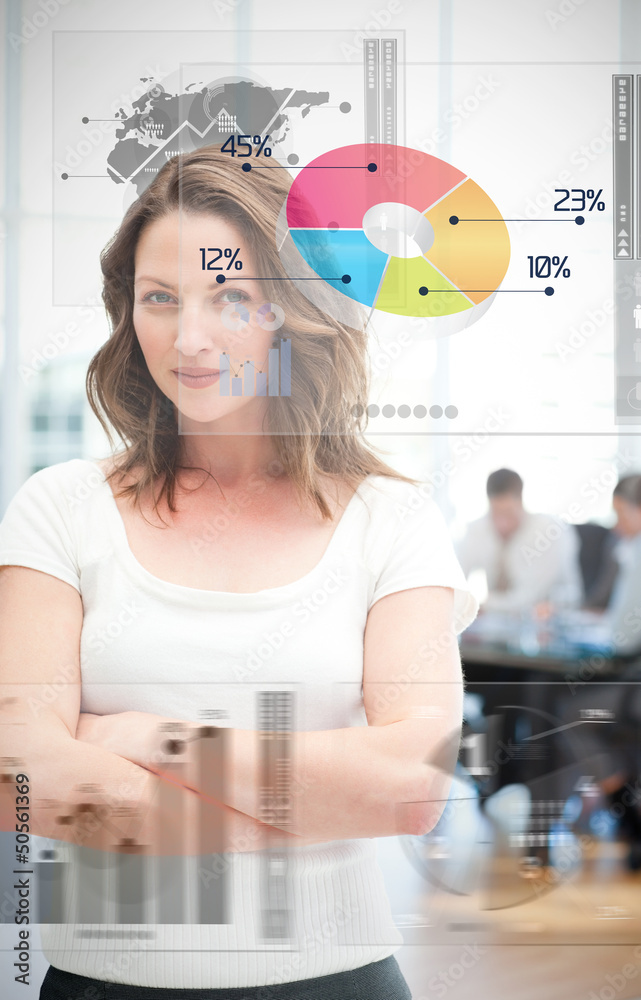 Poster confident businesswoman using different chart interfaces