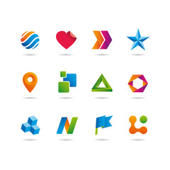 logo and icons set, heart, arrows, star, sphere, cube and lag