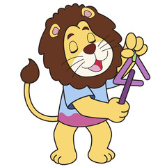 Cartoon Lion Playing a Triangle