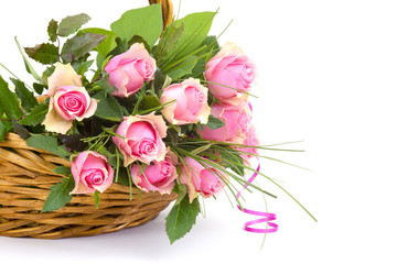 pink roses in a basket