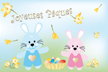 Obraz na płótnie Canvas Little Easter bunnies and Easter eggs in basket