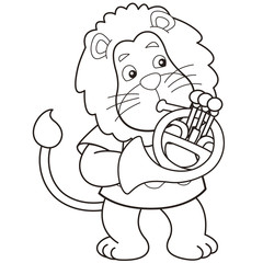 Cartoon Lion Playing a French Horn