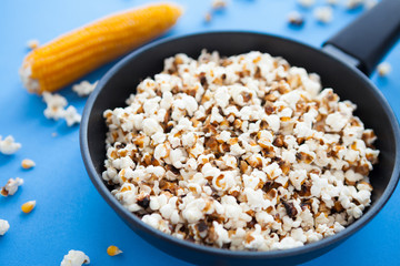 Delicious home cooking popcorn in a pan