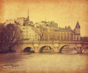 Fototapeta na wymiar Seine.Pont Neuf w centrum Paryża, Francja. Zdjęcie w stylu retro.