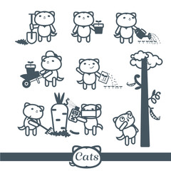 Cats Vector icons. 8 Symbols Set: gardening