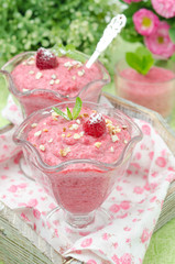 Raspberry mousse decorated with mint and fresh raspberries