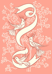 Birds bear a ribbon in its beak