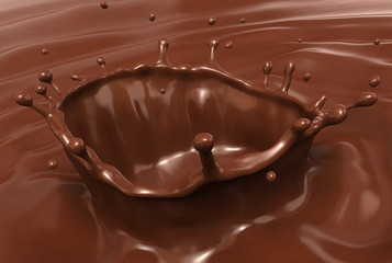Hot chocolate splash and drops, close-up view.