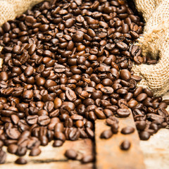 Kaffeebohnen im Sack Detailaufnahme