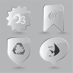 Animal icon set. Killer whale, fish, wave.  Glass buttons.
