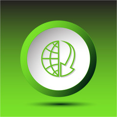 Globe and array down. Plastic button. Vector illustration.