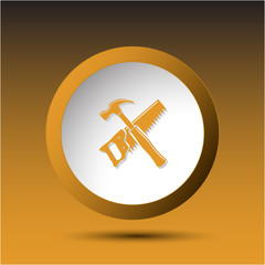 Hand saw and hammer. Plastic button. Vector illustration.