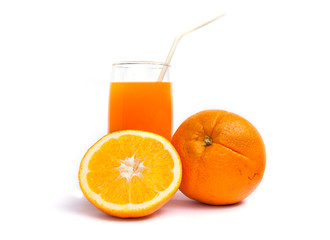Orange juice and oranges on white background