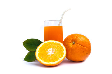 Orange juice and oranges with leaves on white background