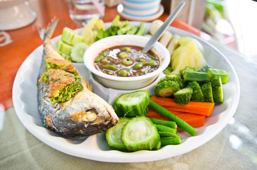 Thai chilli sauce and mixed steamed vegetables, Thai food.