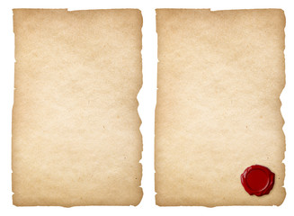 Old paper set with wax seal isolated. Clipping path is included.