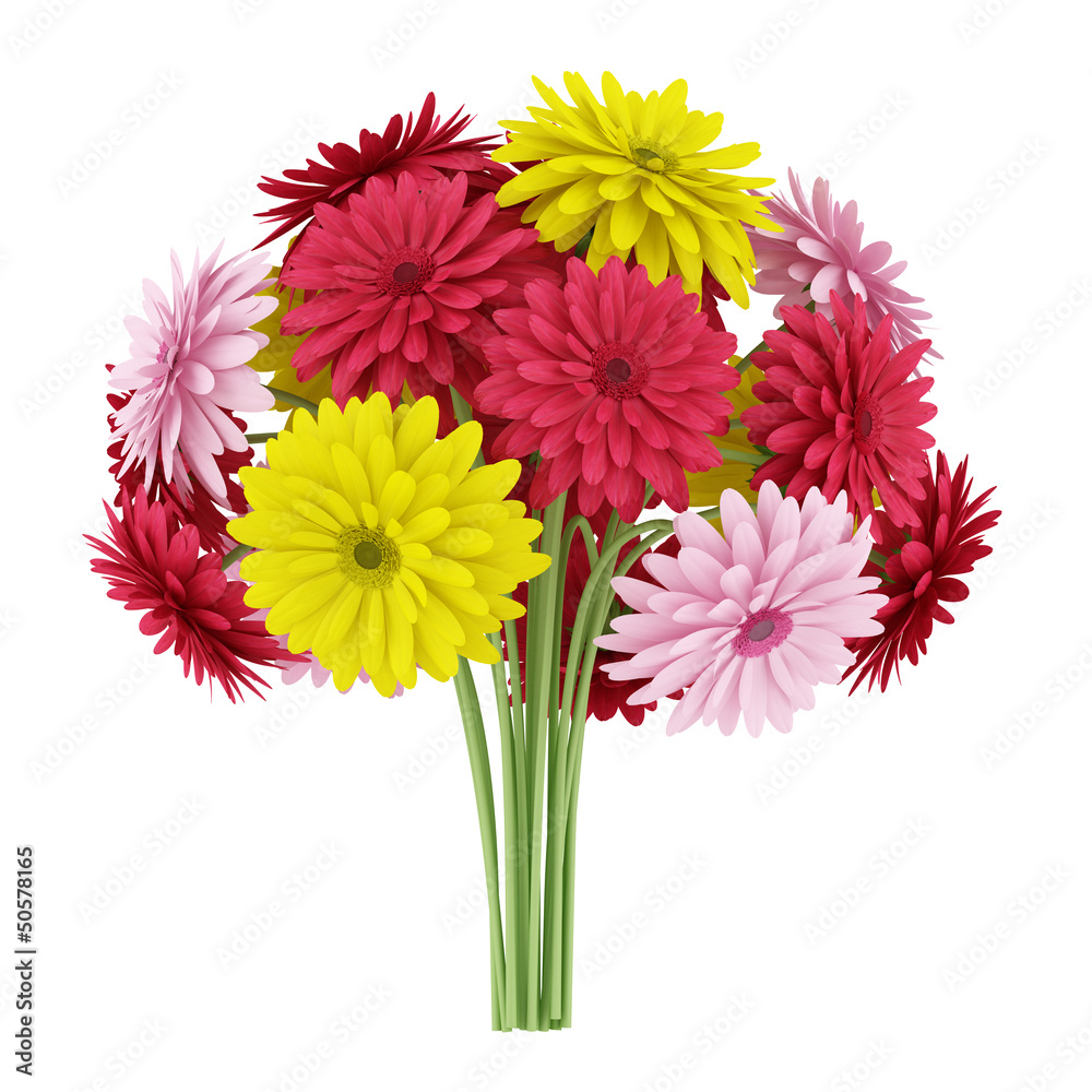 Wall mural bouquet of yellow red and pink flowers isolated on white backgro