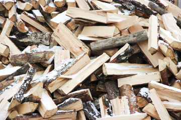 Many wooden logs in pile of snow-covered
