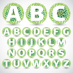 Green Leaves font. Vector illustration.