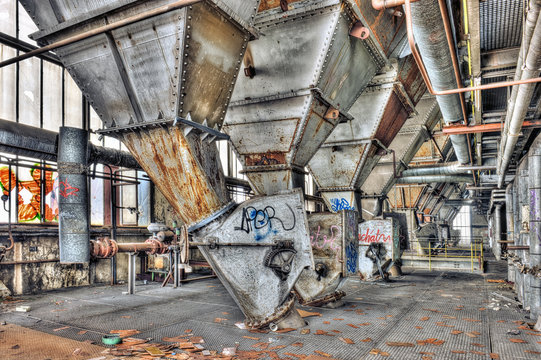 Hoppers inside an abandoned power plant