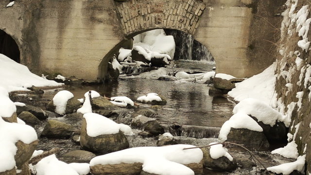 brook water flow run stone retro architecture arch snow winter