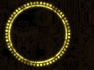 Glowing electronic circle symbol on a computer chip