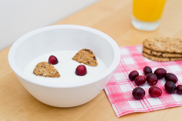 Breakfast containing yogurt, cereal biscuits and cranberries