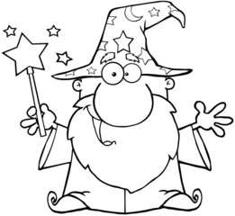 Outlined Funny Wizard Waving With Magic Wand