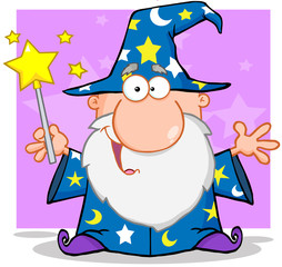 Happy Wizard Waving With Magic Wand