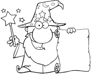 Outlined Wizard Waving With Magic Wand And Holding Up A Scroll