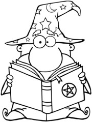 Outlined Funny Wizard Holding A Magic Book